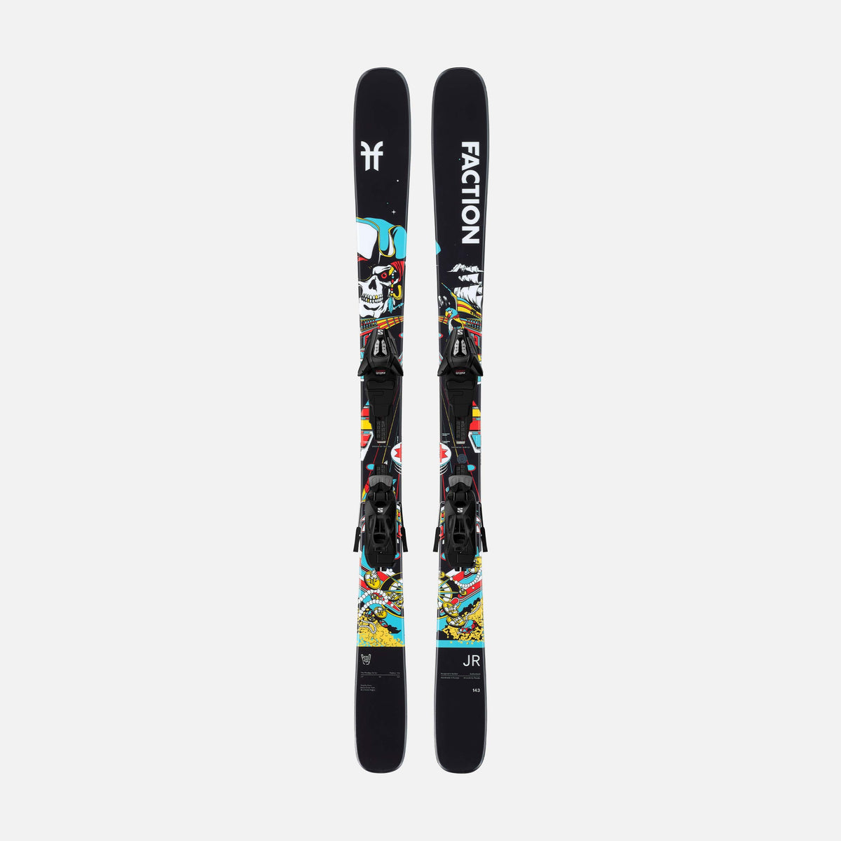 Faction Prodigy JR Kinder-Skiset mit C5-GW-Bindung – schwarze Ski mit farbiger Parade-Grafik