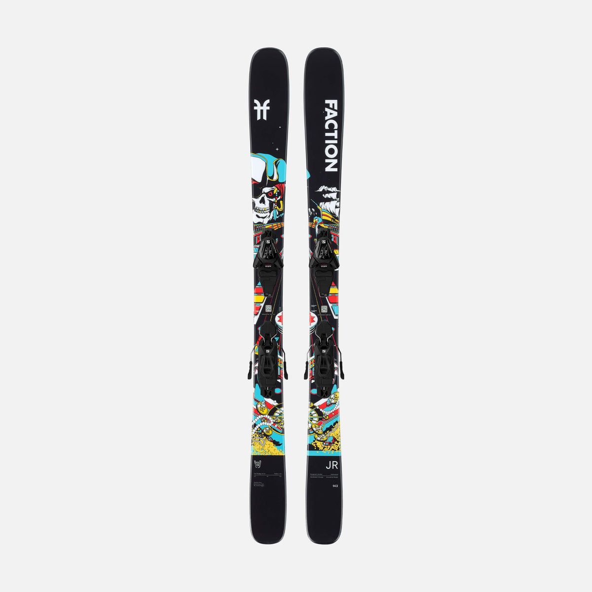 Faction Prodigy JR Kinder-Skiset 143 cm mit L6-GW-Bindung – schwarze Ski mit farbiger Parade-Grafik