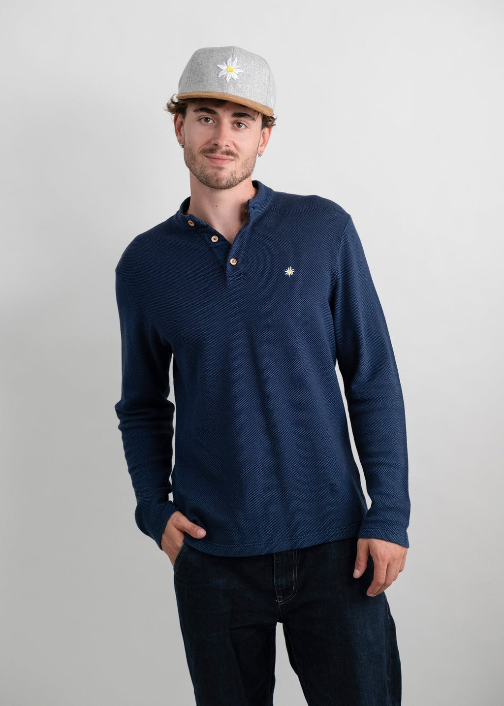 Bavarian Caps Edelweiß Feinstrick Langarm-Polo – Dunkelblau
