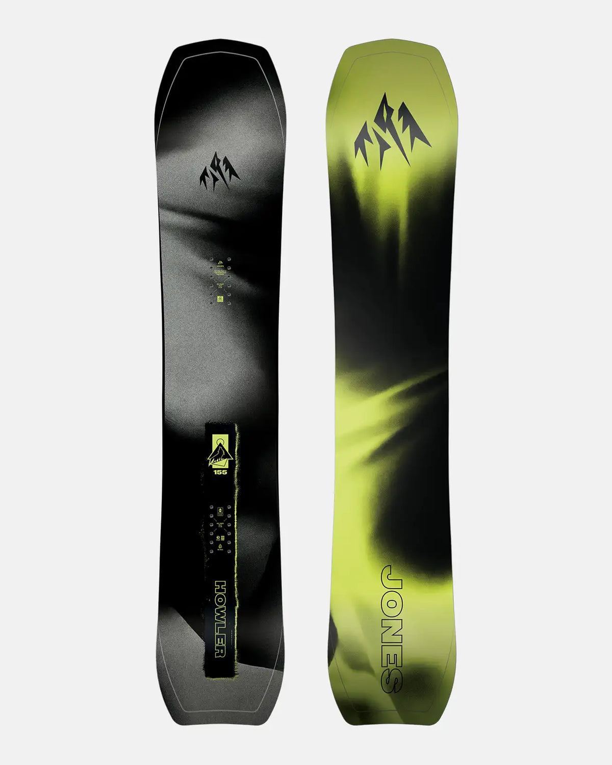 Jones Howler Snowboard 2026 – Oberseite und Base in Schwarz mit gelbgrünen Akzenten
