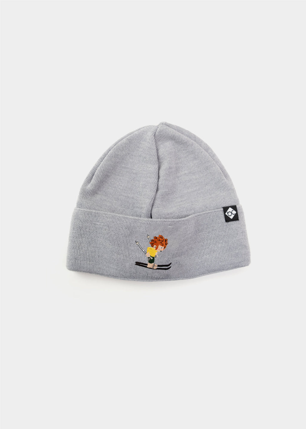 Pumuckl Skirennen Stickmotiv auf hellgrauer Kindermütze