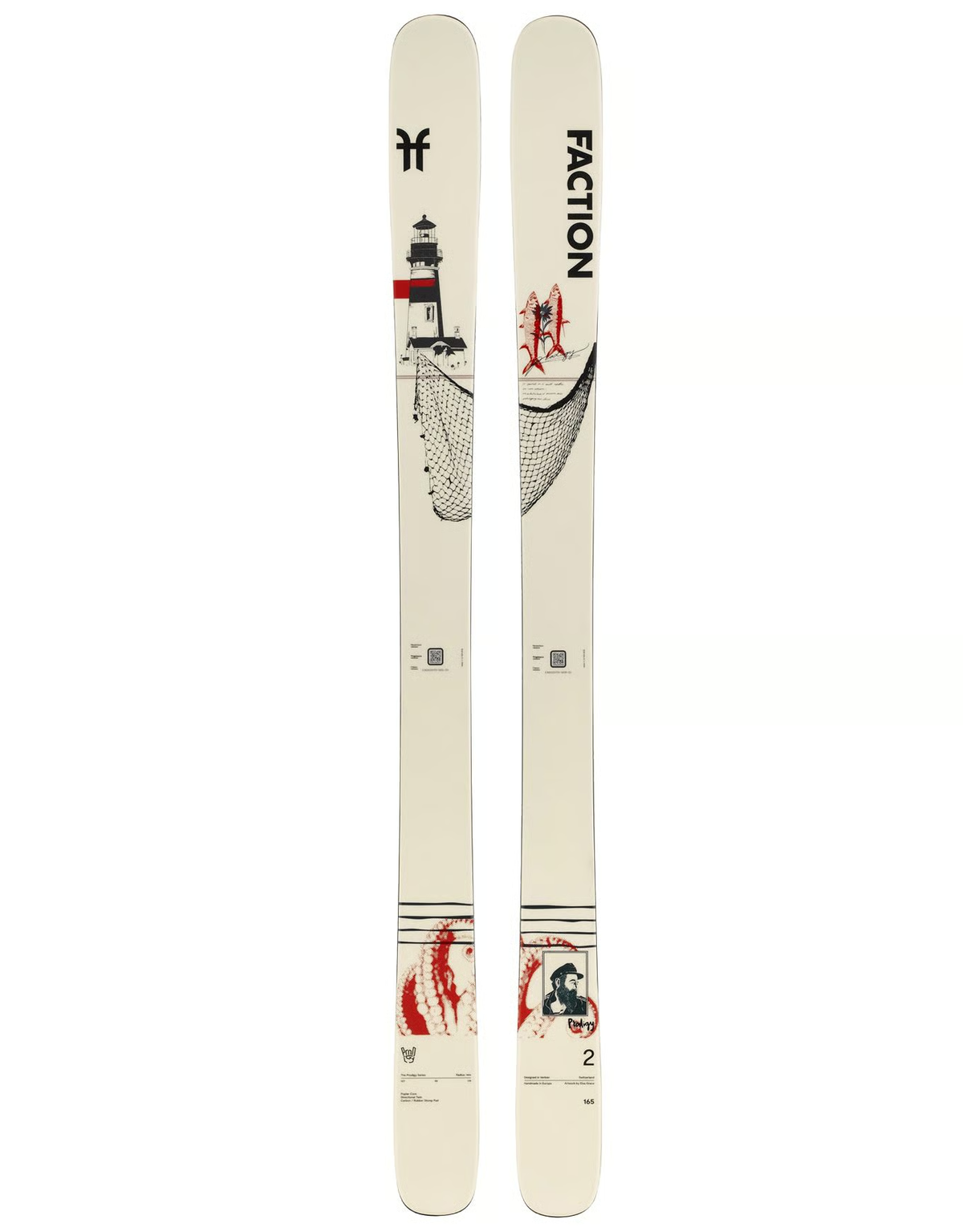 Faction Prodigy 2 Capsule Ski 2025/26 in Creme mit Leuchtturm-Grafik – Oberseite und Belag