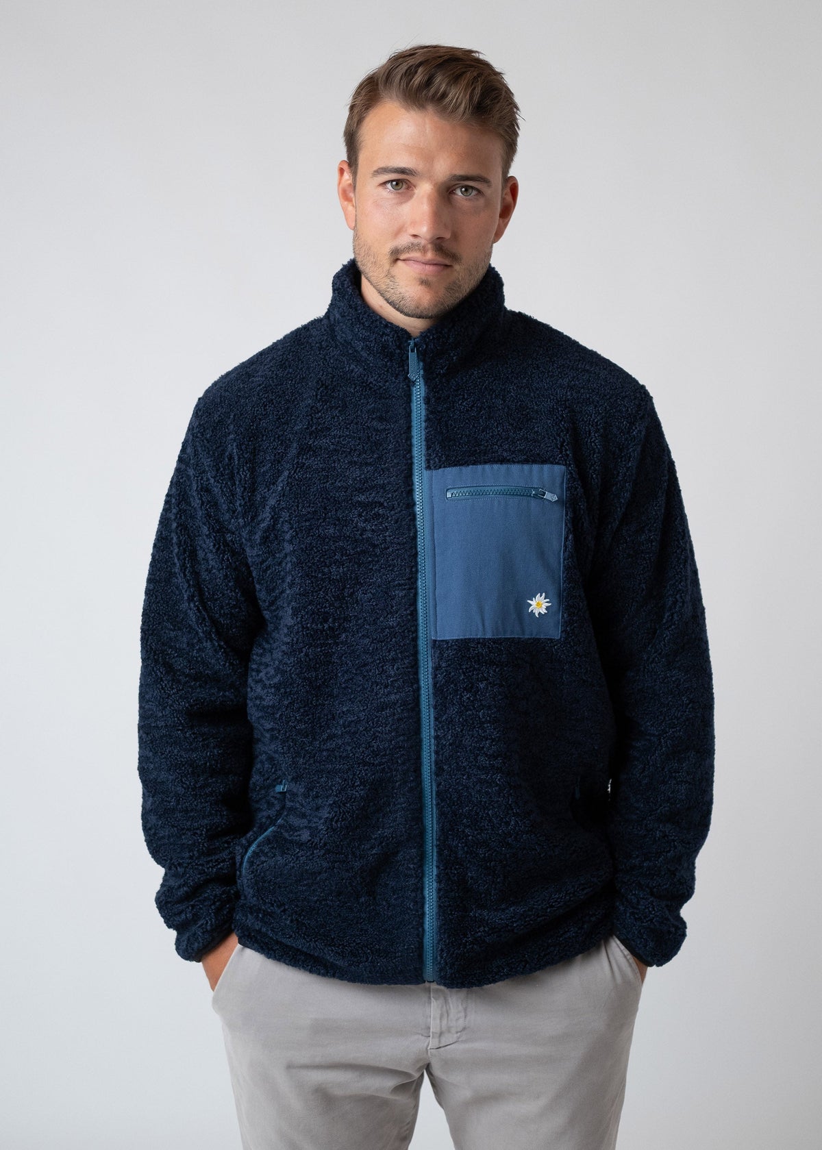 Bavarian Caps Sherpa-Zipper Edelweiß in Dunkelblau